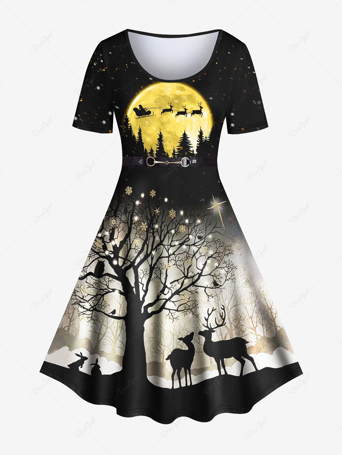 Outfits Plus Size Christmas Snowflake Elk Moon Tree Rabbit Santa Clause Sled Glitter Sparkling Sequin 3D Print Dress  