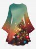 Plus Size Christmas Tree Ball Elk Snowflake Print Flare Sleeves Ombre A Line Dress -  
