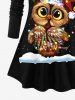 Plus Size Christmas Hat Light Owl Snow Print Long Sleeves T-shirt -  