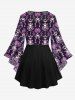 Gothic Skulls Skeleton Vintage Floral Graphic Print Lattice Patchwork Flare Sleeves Blouse -  
