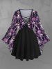 Gothic Skulls Skeleton Vintage Floral Graphic Print Lattice Patchwork Flare Sleeves Blouse -  