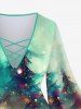 Plus Size Christmas Tree Light Sparkling Sequin Glitter 3D Print Lattice Crisscross Flare Sleeve T-shirt -  