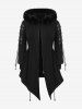 Gothic Fluffy Fur Trim Full Zipper Lace Up Drawstring Asymmetric Hooded Long Sleeve Coat -  