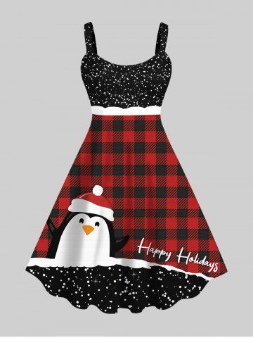 Plus Size Christmas Hat Penguin Plaid Star Glitter 3D Print Tank Dress - RED - S