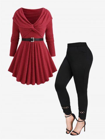 Twist Ruched Ruffles Buckle Belt Turndown Collar Off The Shoulder Woolen Sweater and Hollow Out Lace Trim Pockets Leggings Plus Size Outfit