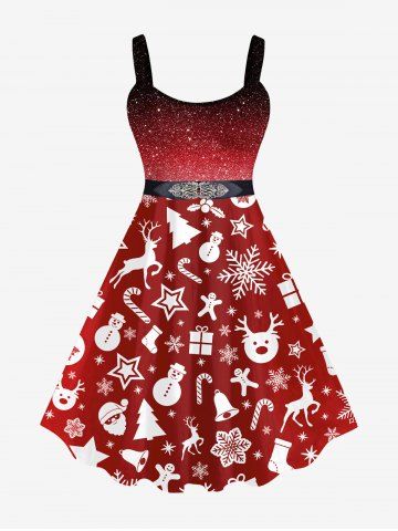 Plus Size Christmas Elk Santa Clause Snowman Snowflake Gingerbread Man Candy Glitter Belt 3D Print Tank Dress - DEEP RED - S