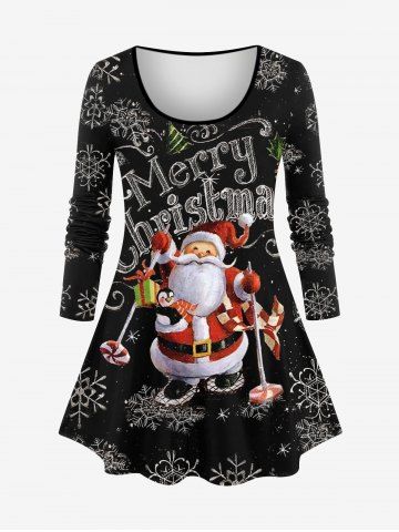 T-shirt Bonbon Flocon de Neige et Père Noël Imprimés de Grande Taille - BLACK - S