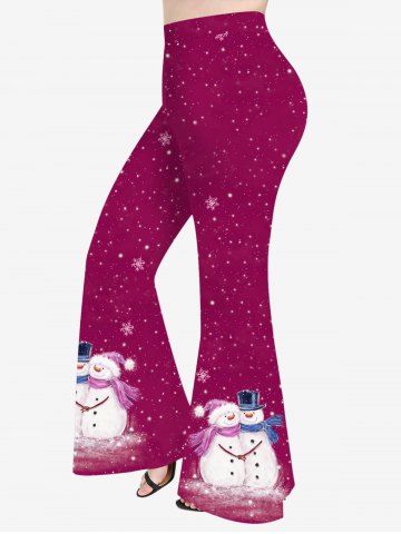 Plus Size Christmas Snowflake Snowman Galaxy Print Pull On Flare Pants - DEEP RED - 1X