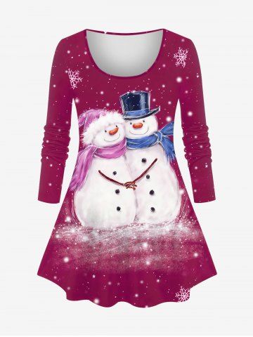 Plus Size Christmas Snowflake Snowman Galaxy Print Long Sleeves T-shirt - DEEP RED - M