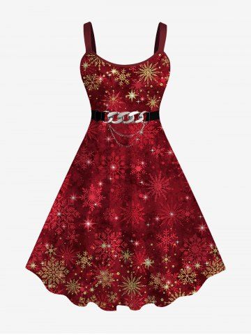 Plus Size Christmas Snowflake Sparkling Sequin Glitter Chain Belt 3D Print Tank Party Dress - DEEP RED - S