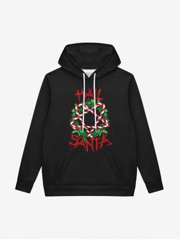 Gothic Christmas Wreath Candy Pentagram Print Fleece Lining Drawstring Hoodie For Men - BLACK - 3XL