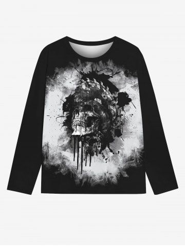 Gothic Ink Paint Splatter Skull Print Long Sleeve T-shirt For Men