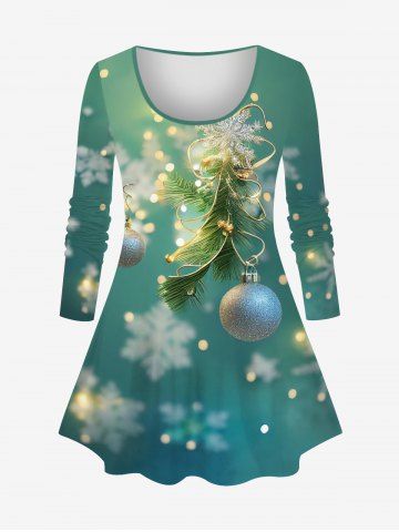 Plus Size Christmas Ball Light Snowflake Glitter 3D Print Long Sleeve T-shirt - LIGHT GREEN - L