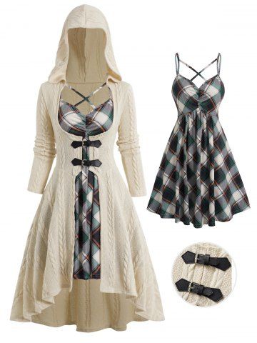 Ensemble de Manteau à Capuche Long Croisé Haut Bas et de Mini Robe à Carreaux - CRYSTAL CREAM - S | US 4