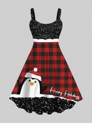 Plus Size Christmas Hat Penguin Plaid Star Glitter 3D Print Tank Dress -  