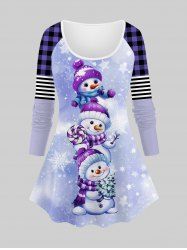 T-shirt Imprimé Bonhomme de Neige Noël à Manches Raglan à Carreaux Grande Taille - Violet clair 1X