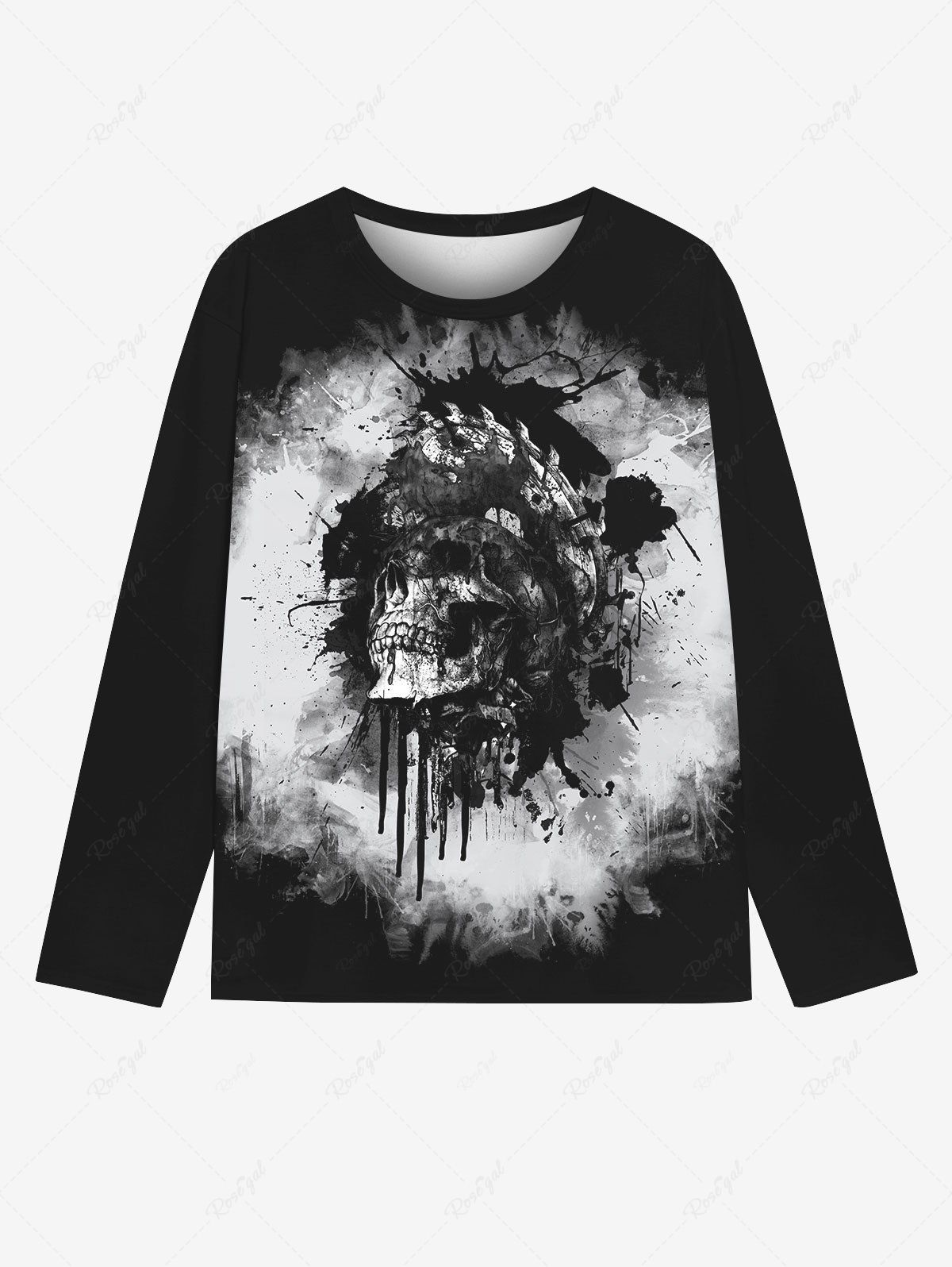 T-shirt Gothique Imprimé Crâne et Encre Jailli Manches Longues pour Homme Noir 6XL