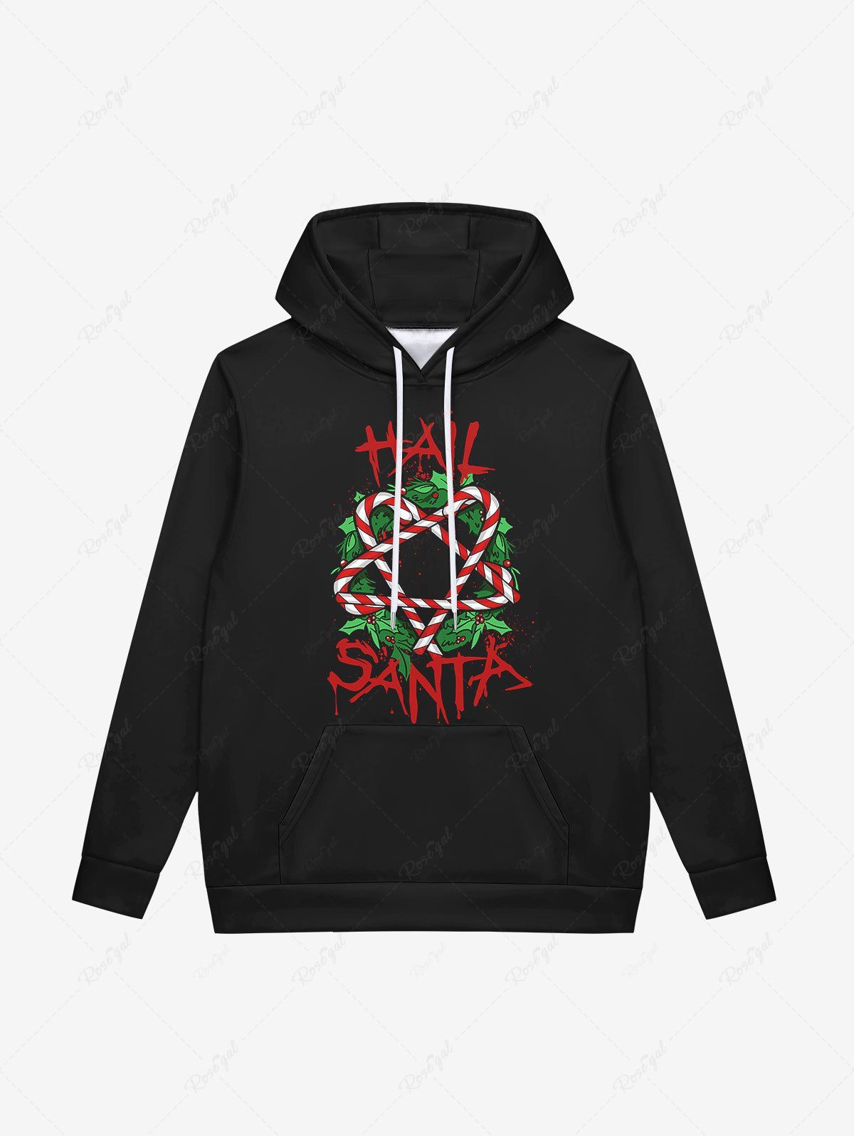 Best Gothic Christmas Wreath Candy Pentagram Print Fleece Lining Drawstring Hoodie For Men  