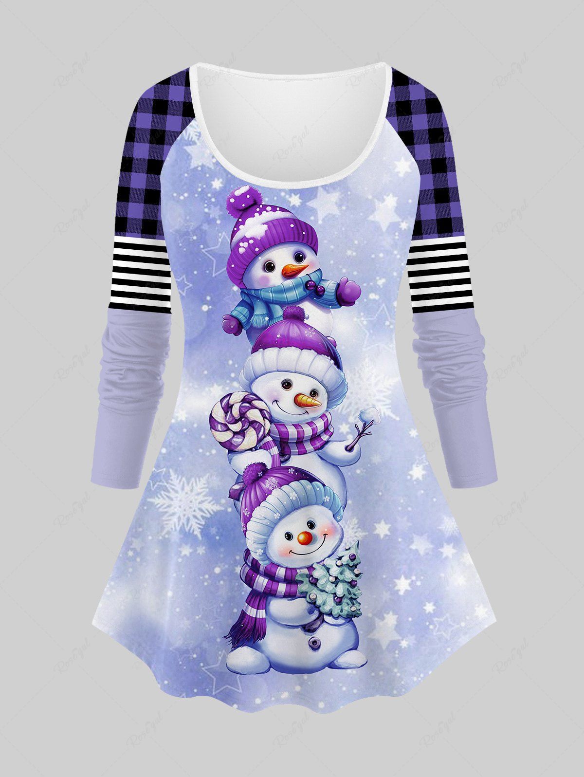 T-shirt Imprimé Bonhomme de Neige Noël à Manches Raglan à Carreaux Grande Taille Violet clair 1X