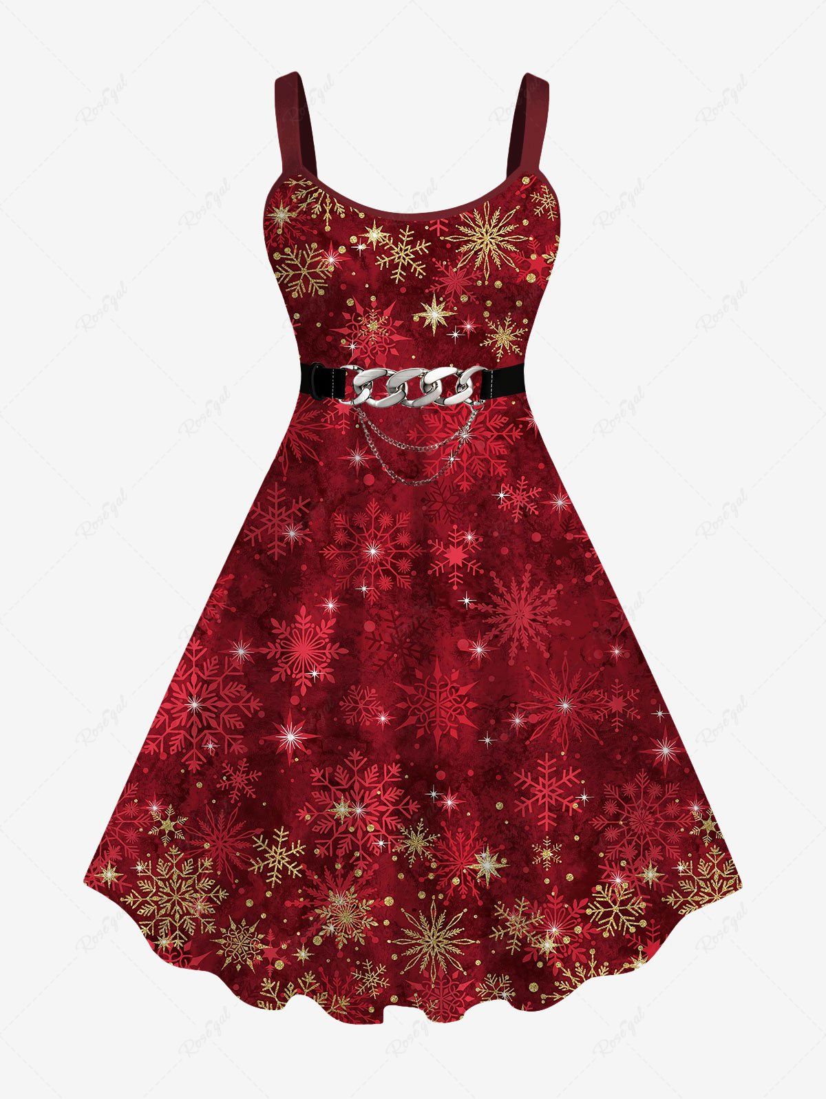 Robe de Soirée Noël 3D Flocon de Neige Imprimé à Paillettes avec Chaîne Grande Taille Rouge foncé 4X