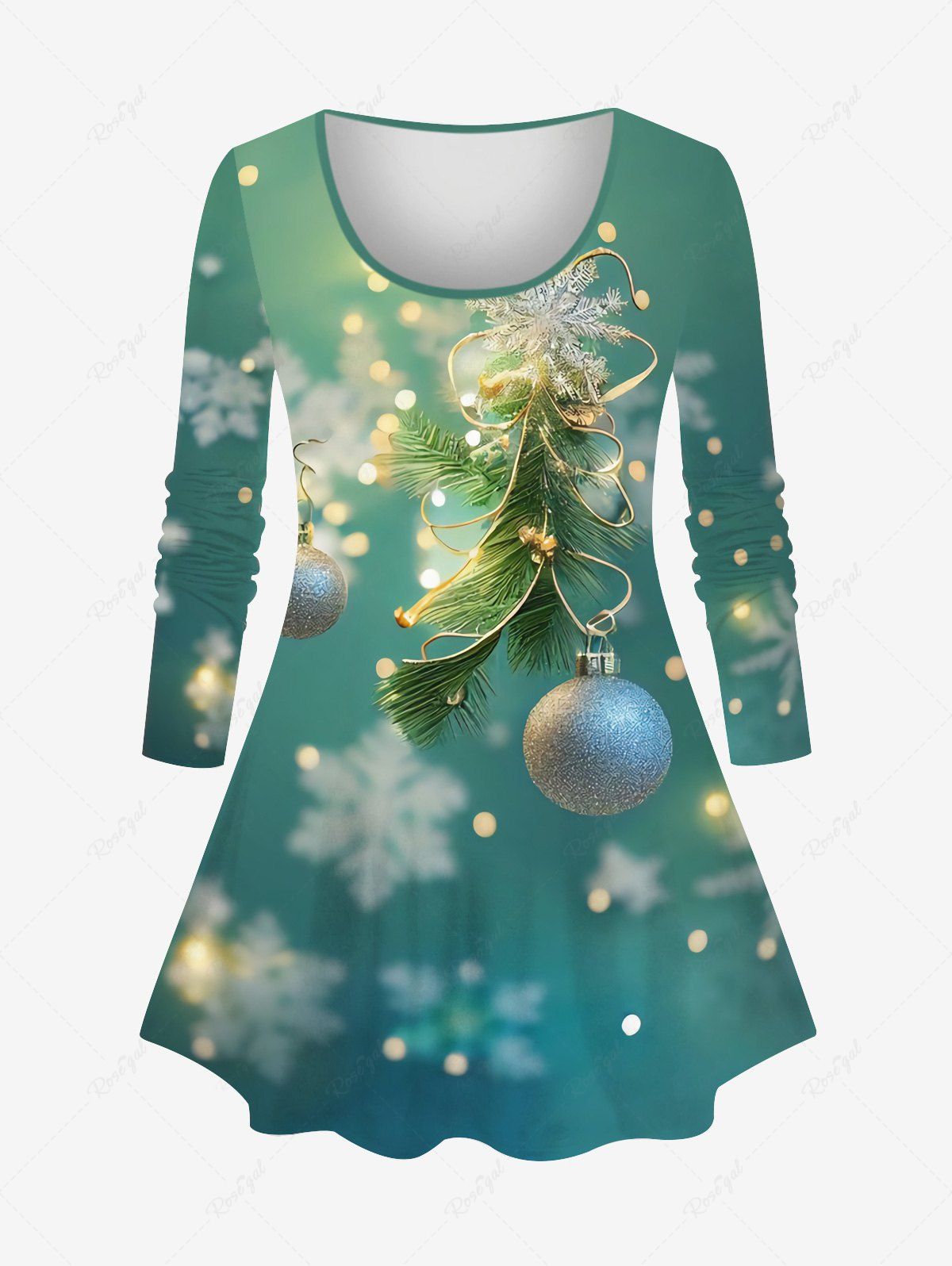 T-shirt à manches longues grande taille avec imprimé 3D de flocons de neige et de boules de Noël Vert clair 6X