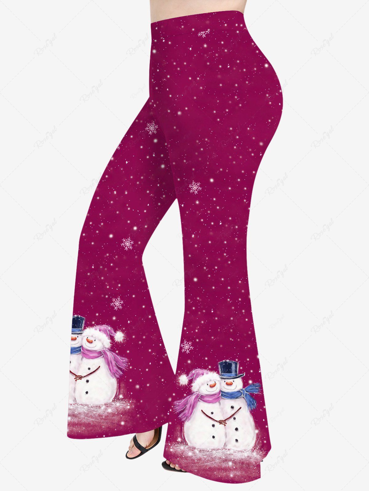 Cheap Plus Size Christmas Snowflake Snowman Galaxy Print Pull On Flare Pants  