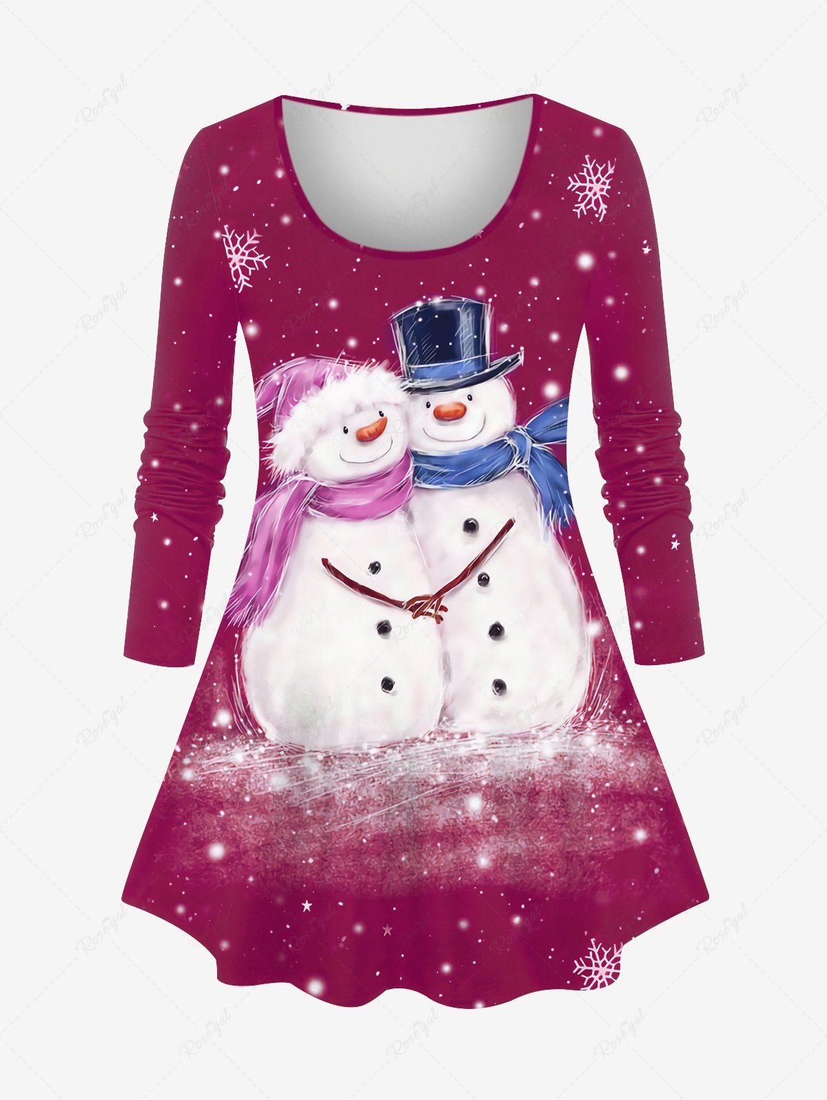 Sale Plus Size Christmas Snowflake Snowman Galaxy Print Long Sleeves T-shirt  
