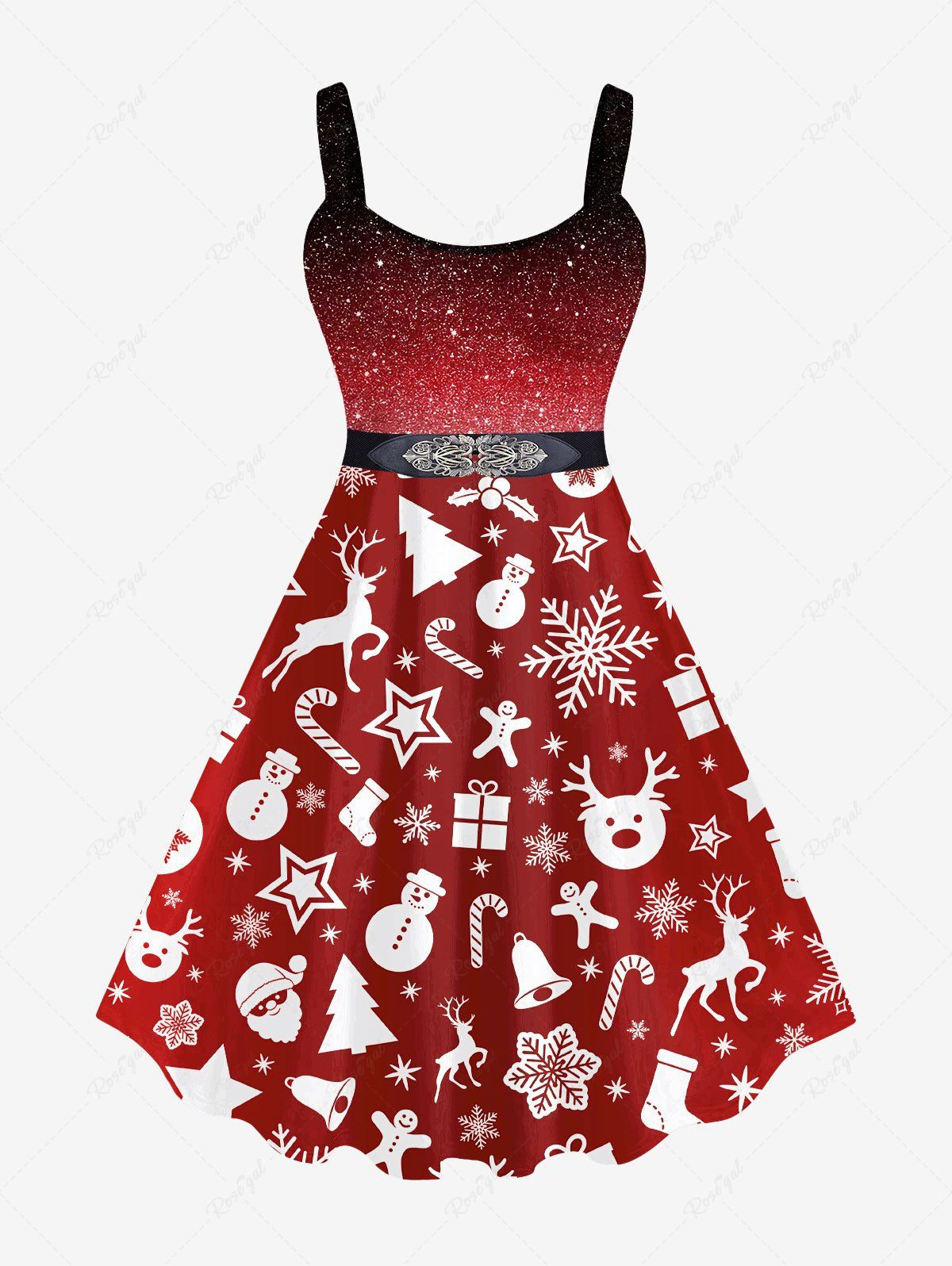 Robe Couverture Ceinturée 3D Père Noël Bonhomme de Neige et Cerf Imprimés de Grande Taille à Paillettes Rouge foncé 6X
