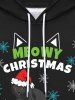 Gothic Christmas Hat Cat Snowflake Print Fleece Lining Drawstring Hoodie For Men -  