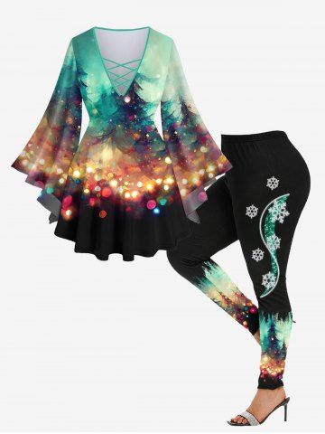 Plus Size Christmas Tree Light Sparkling Sequin Glitter 3D Printed Lattice Crisscross Flare Sleeve T-shirt and Leggings Outfit