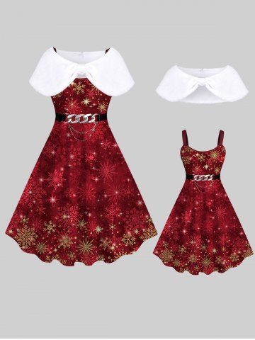 Plus Size Ruched Bowknot Shaped Fleece Cape and Christmas Snowflake Sparkling Sequin Glitter Chain Belt 3D Printed Tank Party Dress Outfit - DEEP RED