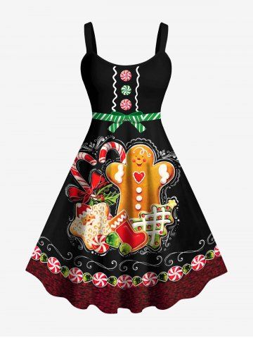 Plus Size Christmas Tree Star Gingerbread Man Candy Ribbons Print Tank Dress - BLACK - XS