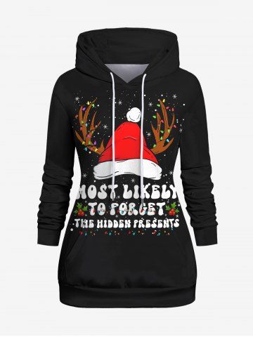Plus Size Colorful Christmas Hat Elk Snowflake Letters Print Pocket Drawstring Pullover Long Sleeves Hoodie - BLACK - M