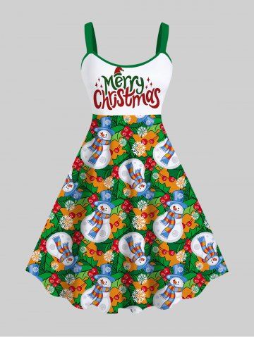 Plus Size Colorful Snowman Snowflake Letters Cherry Colorblock Print Christmas A Line Tank Dress - GREEN - XS