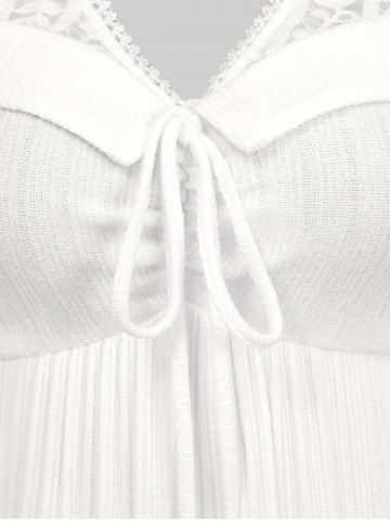 Plus Size Vine Lace Panel Textured Ribbed Cinched Patchwork Knitted Long Sleeves Top