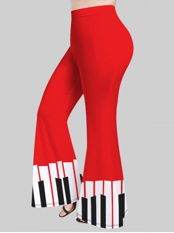 Plus Size Piano Print Christmas Pull On Flare Pants - RED - 2X