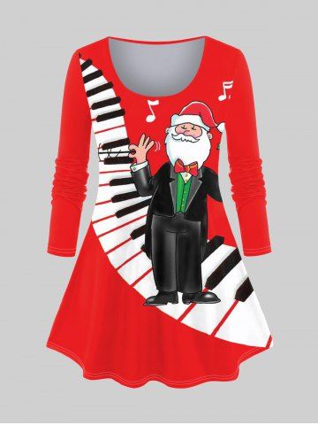 Plus Size Santa Claus Piano Music Symbol Print Christmas Long Sleeves T-shirt - RED - XS