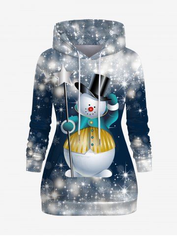 Plus Size Christmas Snowman Snowflake Star Glitter 3D Print Pockets Drawstring Hoodie - DEEP BLUE - L