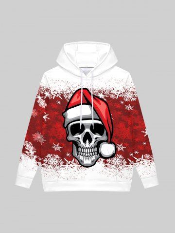 Gothic Christmas Hat Skull Snowflake Colorblock Print Fleece Lining Drawstring Hoodie For Men - RED - L