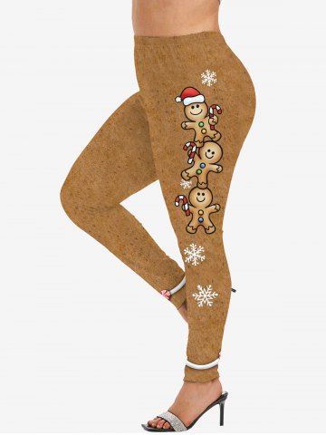 Plus Size Christmas Hat Gingerbread Man Snowflake Candy Print Leggings - LIGHT COFFEE - XS