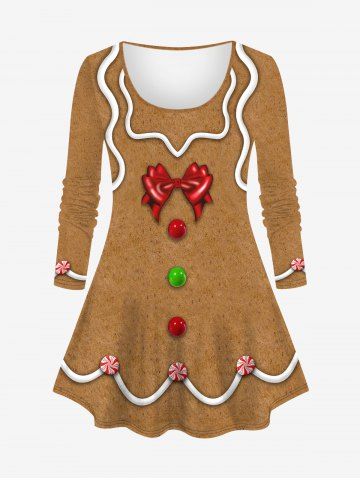 Plus Size Christmas Gingerbread Man Bowknot Buttons Candy 3D Print Long Sleeve T-shirt - LIGHT COFFEE - S