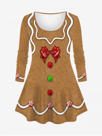 Plus Size Christmas Gingerbread Man Bowknot Buttons Candy 3D Print Long Sleeve T-shirt - LIGHT COFFEE - 6X