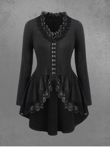 Gothic Crack Textured Floral Lace Trim Hook and Eye Ruffles Asymmetric High Low Long Sleeves Coat - BLACK - S | US 8