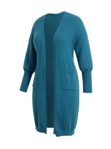 Plus Size Open Front Pocket Patches Long Knit Cardigan - BLUE - 1XL | US 14