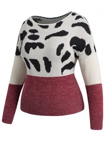 Pull en Tricot Motif de Vache Graphique en Blocs de Couleurs de Grande Taille - DEEP RED - 3XL | US 18