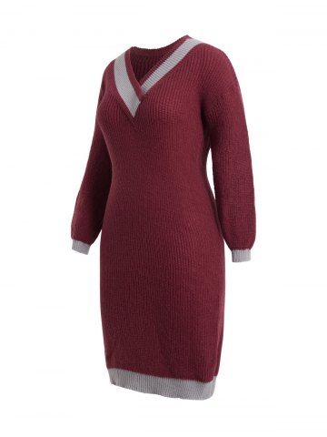 Plus Size Colorblock V Neck Mini Sweater Dress - DEEP RED - 2XL | US 16