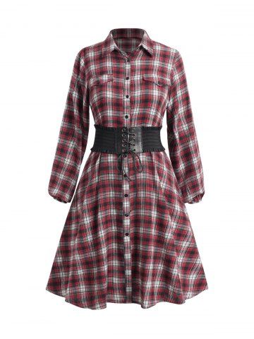 Plus Size Plaid Print Button Up Belted Shirt Dress - MULTI-A - L | US 12