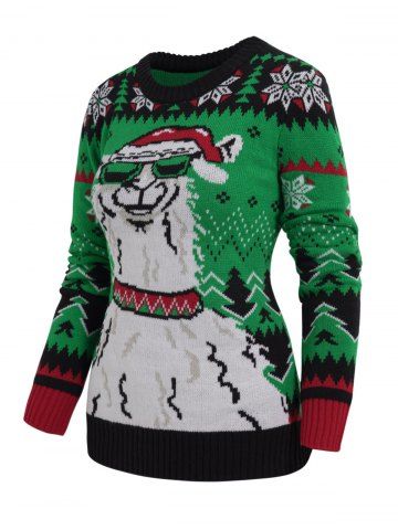 Christmas Tree Alpaca Snowflake Graphic Pullover Sweater - GREEN - L | US 8