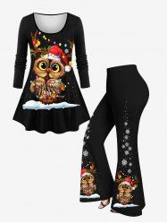 Christmas Hat Light Owl Snow Printed Long Sleeves T-shirt and Flare Pants Plus Size Matching Set -  