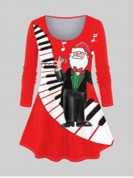 T-shirt Père Noël et Note de Musique Imprimés de Grande Taille à Manches Longues - Rouge 1X